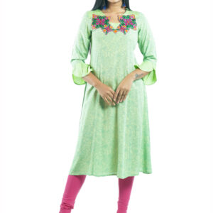 Lime Green Printed & Hand Embroidered Linen Kurti