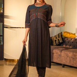 Black Cotton Printed & Hand Embroidered Salwar Kameez Set