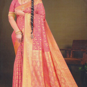 Salmon Pink Color Saree With Golden Zari Work