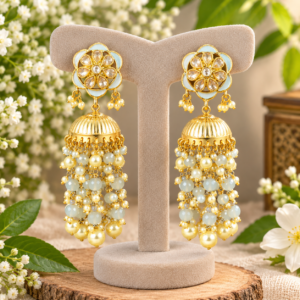 Pearl Beaded Gold Tone Long Jhumka Earrings