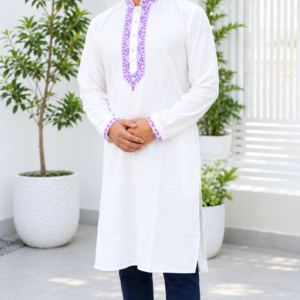 Slub Cotton Casual Panjabi for Men – Off White & Pink – FF 002