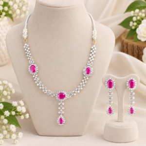 Pink Stone Silver-Tone Necklace & Long Drop Earring Set | Fashion Jewelry
