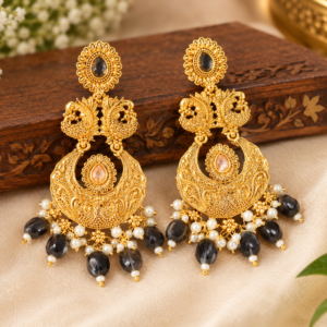 Gold-Tone Black Stone Pearl Chandelier Earrings | Statement Fashion Jewelry