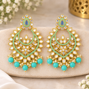 Turquoise & White Kundan-Style Chandelier Earrings | Fashion Jewelry