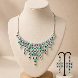 Green Stone Silver-Tone Necklace & Long Drop Earring Set | Fashion Jewelry