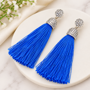 Blue Crystal Tassel Long Drop Earrings | Fashion Jewelry