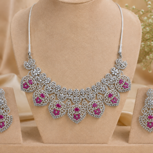 Silver-Tone Pink Stone Bridal Necklace & Earring Set | Fashion Jewelry