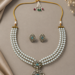 White Pearl Multi-Layer Necklace with Turquoise Stone Pendant & Matching Stud Earrings Set | Fashion Jewelry