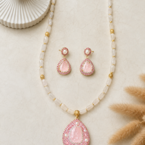 White Beaded Necklace with Pink Crystal Pendant & Matching Earrings Set | Fashion Jewelry