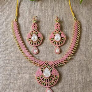 Pink & Green Stone Gold-Tone Necklace & Earring Set | Fashion Jewelry