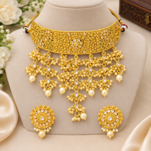 Gold-Tone Kundan-Style Pearl Choker Necklace & Earring Set | Fashion Jewelry