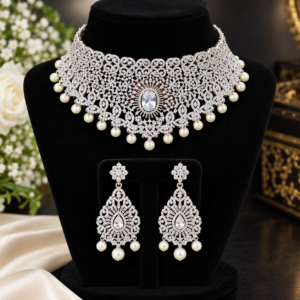 Silver-Tone Crystal Pearl Choker Necklace & Long Drop Earring Set | Fashion Jewelry