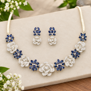 Silver-Tone Blue Floral Crystal Necklace & Matching Drop Earrings Set | Fashion Jewelry