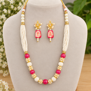 White Pearl & Pink Beaded Necklace with Matching Drop Earrings Set | Fashion Jewelry