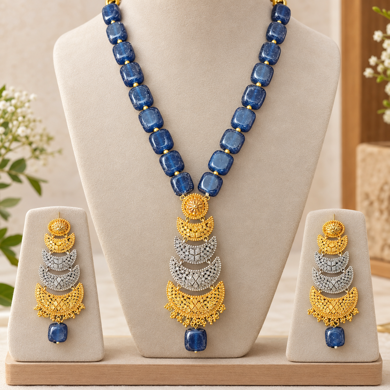 Blue Beaded Necklace with Gold & Silver Pendant and Matching Earrings Set | Fashion Jewelry