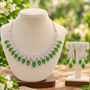 Silver-Tone Green Crystal Teardrop Necklace & Matching Drop Earrings Set | Fashion Jewelry