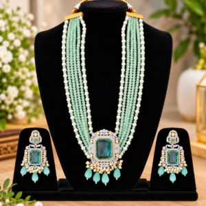 Mint Green Multi-Strand Pearl Necklace & Statement Earring Set | Fashion Jewelry