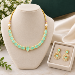 Mint Green Stone Gold-Tone Necklace & Earring Set | Fashion Jewelry