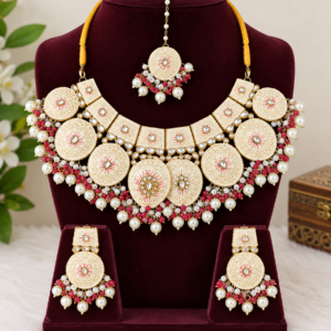 Cream & Ruby Kundan-Style Pearl Necklace & Earring Set | Fashion Jewelry