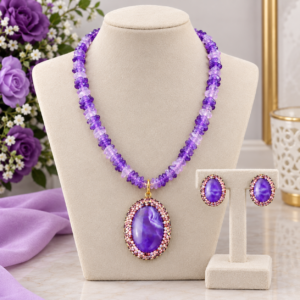 Purple Beaded Necklace with Amethyst-Style Pendant & Matching Stud Earrings Set | Fashion Jewelry