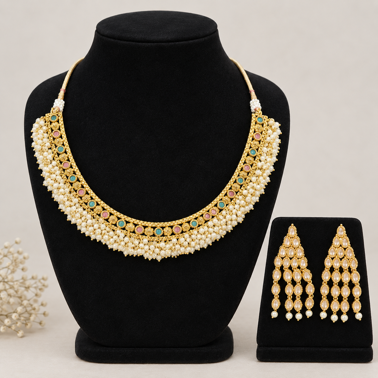 Gold-Tone Multicolor Pearl Fringe Necklace & Long Drop Earrings Set | Fashion Jewelry