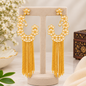 Gold-Tone Floral Pearl Chain Tassel Long Drop Earrings | Fashion Jewelry