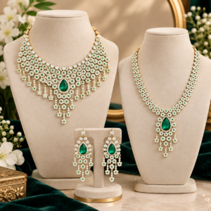 Green Kundan-Style Double Necklace & Matching Drop Earrings Set | Fashion Jewelry