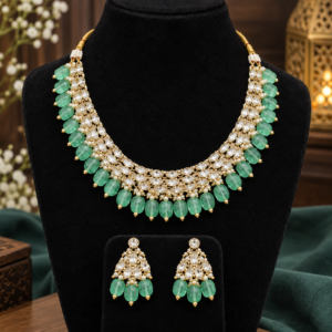Mint Green Beaded Kundan-Style Necklace & Matching Drop Earrings Set | Fashion Jewelry