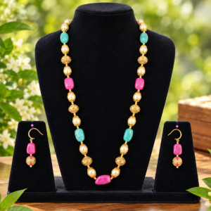 Gold-Tone Multicolor Beaded Pearl Necklace & Matching Drop Earrings Set | Fashion Jewelry