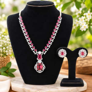 Silver-Tone Pink Crystal Statement Necklace & Matching Stud Earrings Set | Fashion Jewelry