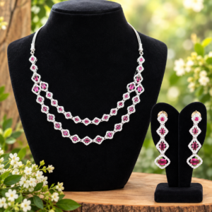 Silver-Tone Double-Layer Pink Crystal Necklace & Long Drop Earrings Set | Fashion Jewelry