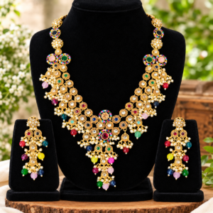 Gold-Tone Multicolor Kundan-Style Pearl Necklace & Matching Drop Earrings Set | Fashion Jewelry