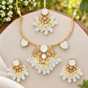 Gold-Tone White Pearl & Crystal Floral Necklace with Matching Drop Earrings Set | Fashion Jewelry