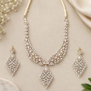 Silver Tone Leaf Rhinestone Necklace and Long Drop Earrings Set