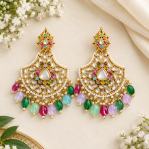 Gold-Tone Multicolor Kundan Pearl Chandelier Earrings | Statement Fashion Jewelry