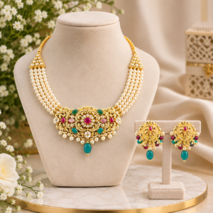White Pearl Multicolor Stone Necklace and Earrings Set | Fashion Jewelry