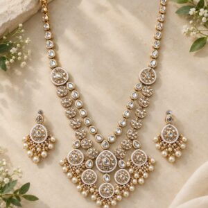 Gold-Tone Kundan-Style Pearl Statement Necklace & Earring Set | Fashion Jewelry