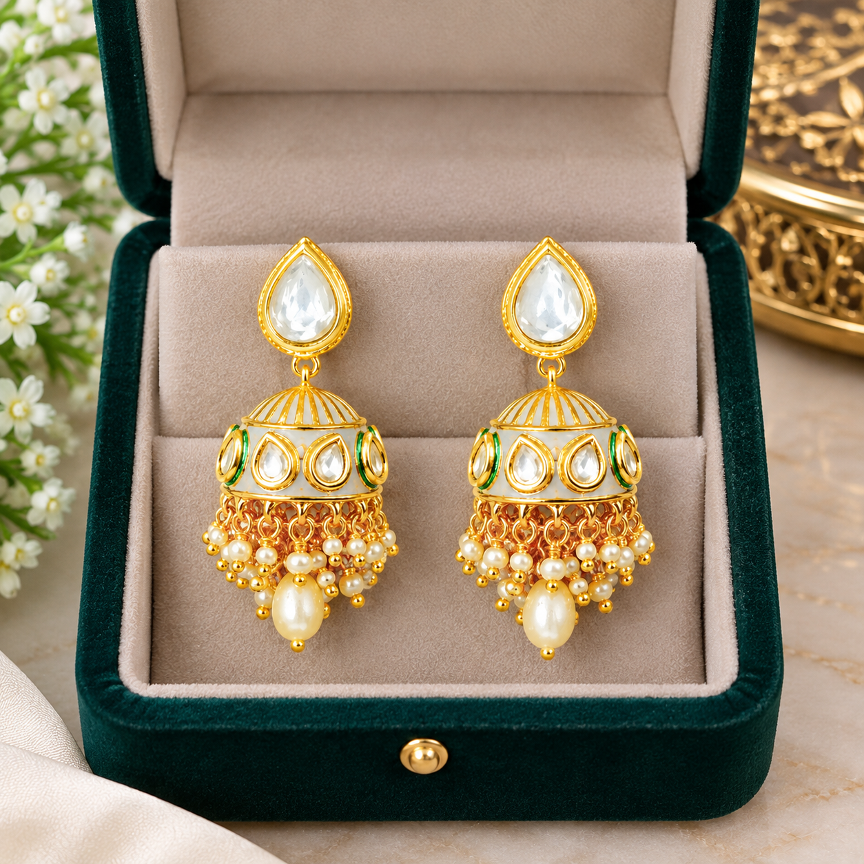 Gold-tone pearl-style jhumka earrings