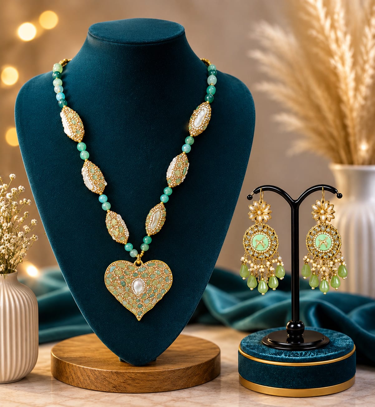 Green beaded heart pendant necklace set with matching earrings