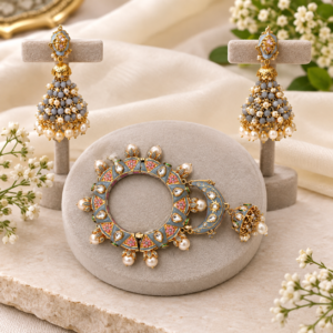 Grey beaded earrings and matching bracelet set