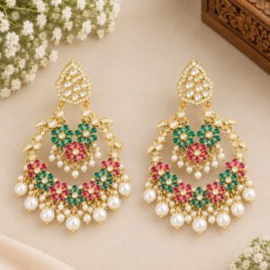 Multicolor Floral Pearl Drop Earrings | Gold-Tone Statement Fashion Jewelry