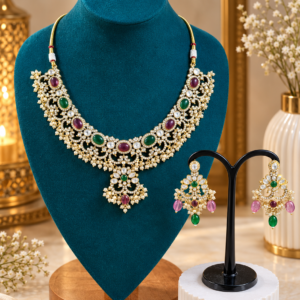 Multicolor gold-tone stone necklace set with matching earrings