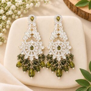 Olive Green Crystal Beaded Long Drop Earrings | Statement Fashion Jewelry