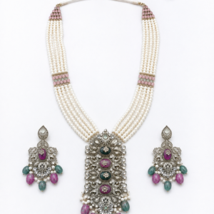 Pearl-style multicolor statement necklace set with matching earrings