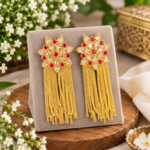 Red and clear stone gold-tone long drop earrings