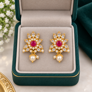 Red stone floral gold-tone drop earrings