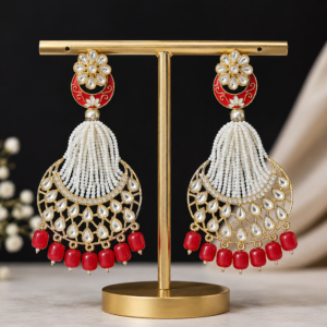Red and white beaded gold-tone statement drop earrings