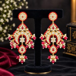 Red & White Kundan-Style Long Statement Drop Earrings | Fashion Jewelry