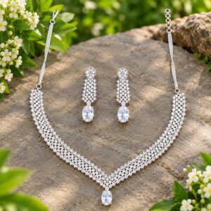 Silver-Tone Clear Stone Necklace & Drop Earring Set | Fashion Jewelry