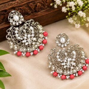 Silver-Tone Filigree Pearl & Red Bead Long Drop Earrings | Statement Fashion Jewelry
